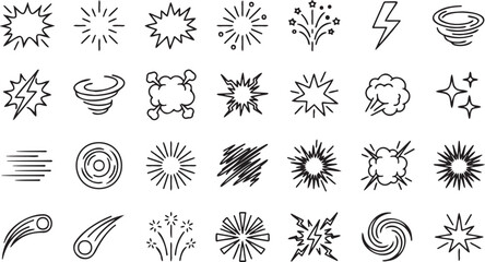 Vector explosion effects, comic book style graphic illustrations, dynamic burst designs, and energetic visual elements in black and white. © Rekon