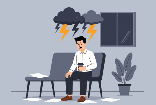 Stressed office worker sitting on a bench with dark thunderclouds and lightning bolts above his head depicting depression.