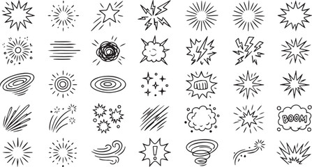 Vector comic book explosion effects set including starburst burst boom and bang graphic elements for digital art and design projects © Rekon