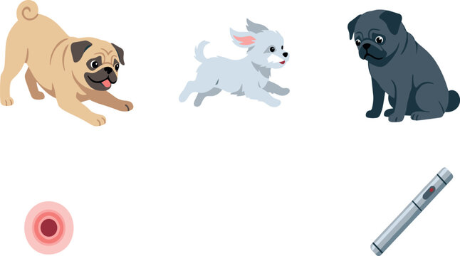 Cute Dogs Laser Pointer Training Vector Icon Set Featuring Pugs Maltese Laser Pen and Red Dot