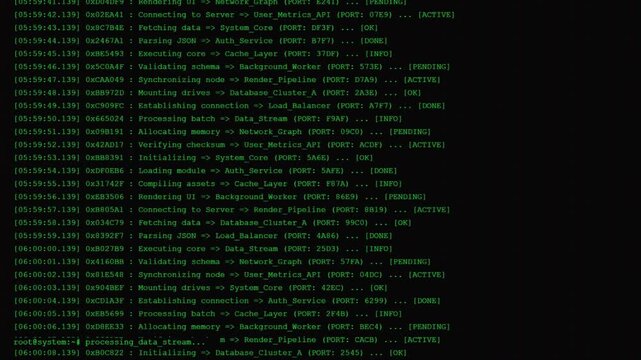 Data Stream Processing System Operations Log Server Terminal Animation.