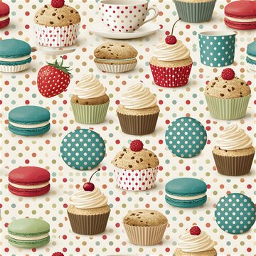 Seamless pattern of colorful cupcakes and macarons on polka dot background with strawberry seamless delicious frosting colorful confectionery culinary celebration background wallpaper