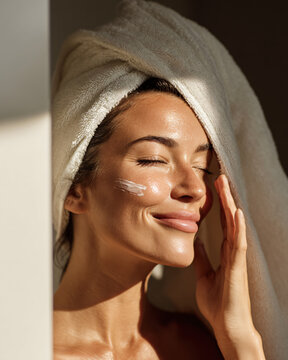 Woman applying moisturizer cream on cheek in bright bathroom, clean glowing skin, soft towel, minimal skincare bottles without labels, natural morning light