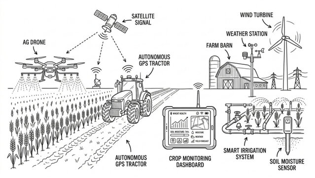 Smart Farming Technology Line Art Vector Set with Agricultural Drone, Autonomous Tractor and Precision Agriculture Elements