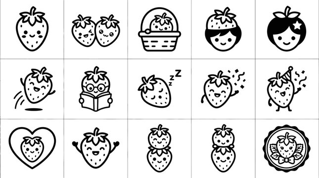 Strawberry character and pie line art icon collection.