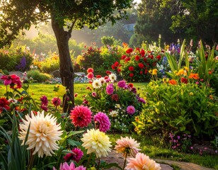 Obraz premium A vibrant garden bursts with colorful flowers under a bright, early morning sunlight with a tree in the center