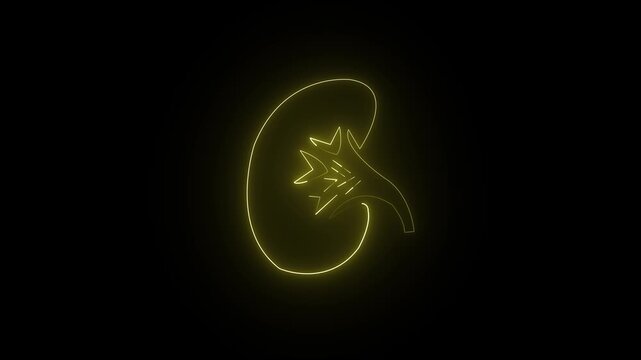Glowing yellow neon human kidney icon animation medical organ health care abstract symbol 4k animation video