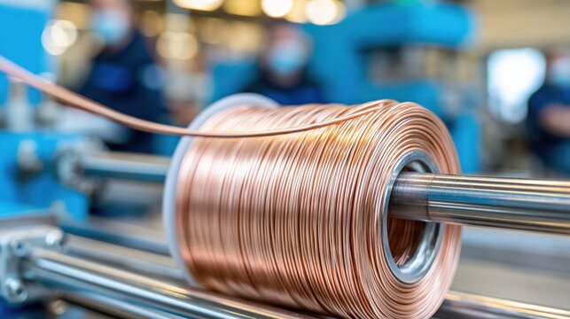 Close-up of copper wire spool on manufacturing line with blurred workers in background