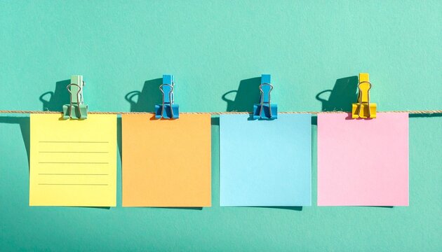 Colorful sticky notes clipped on string teal background