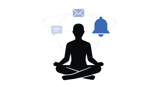 Meditating person, mindfulness, notifications, digital distractions, wellness vector icon