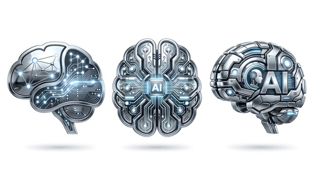 Three robotic brains with glowing circuits and ai technology