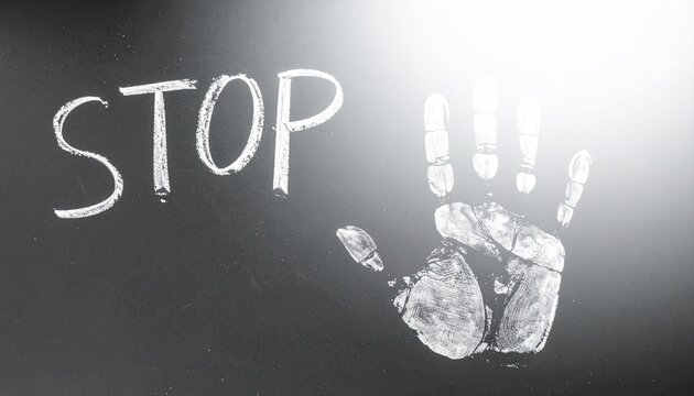Stop word with chalk handprint on dark surface