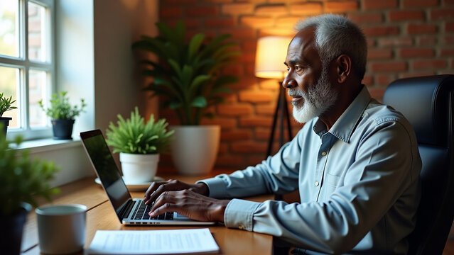 Man studying online at iteration home using desktop computer and laptop for digital upskilling Ideal