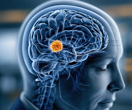 3D medical illustration of a human brain with a glowing tumor highlighted in the temporal lobe