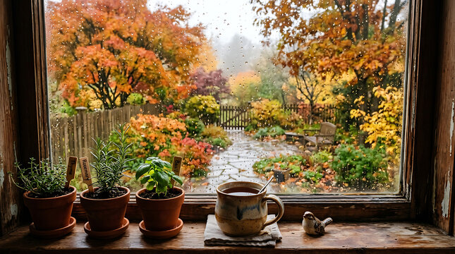 Autumn Garden View Through a Window with Colorful Leaves Blooming Geranium Flowers in Pots and Lush Nature Home Decoration Background