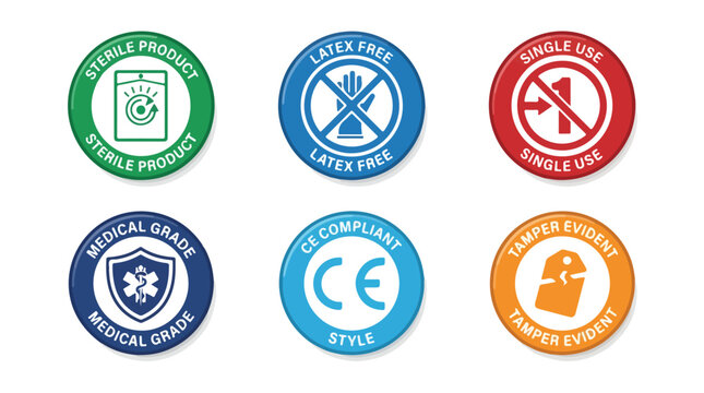 Medical packaging icons set, sterile product and latex free labels, medical grade and tamper evident stickers, 6 vector healthcare badges