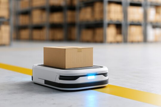 Automated Guided Vehicle Transporting Package in Modern Warehouse.