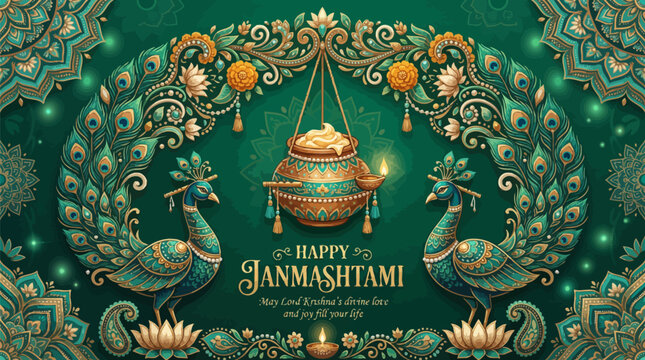 Festive janmashtami greeting card design featuring decorative peacocks hanging pot and floral patterns on green with art