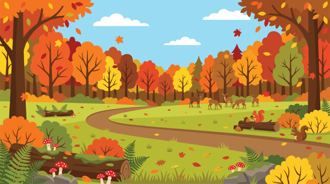Vibrant autumn forest vector illustration featuring a winding path with cute deer and squirrels surrounded by colorful seasonal foliage trees