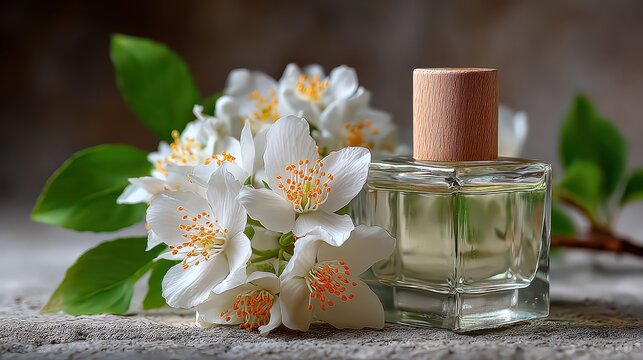 Fresh Jasmine Floral Perfume Bottle with White Flowers and Green Leaves