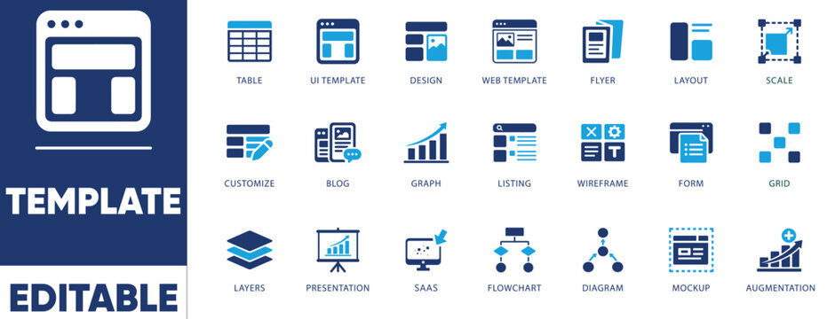 Website UI template and wireframe design vector icon set. Web layout, mockup, user interface, and SaaS development concepts. Editable flat glyph graphics.