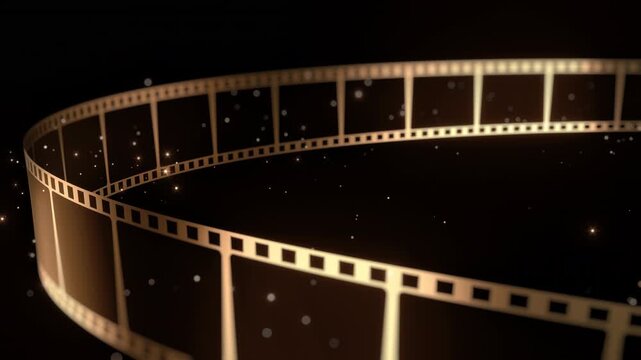 A luxurious abstract background featuring multiple golden film strips gracefully curving and overlapping against a deep, dark backdrop. Subtle light reflections and shimmering particles enhance the