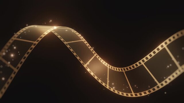 A beautifully rendered golden film strip gracefully waves across a dark background, illuminated by bright, glowing light and subtle sparkling bokeh particles. This elegant 3D evokes