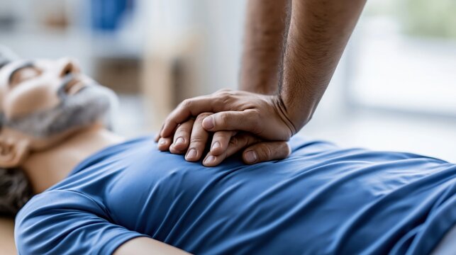Close-up of hands performing cardiopulmonary resuscitation CPR on an unconscious man during a life-saving emergency