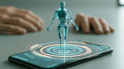 Obraz premium Futuristic AI Robot Assistant Emerging from Smartphone Hologram