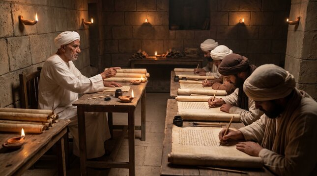 Elderly scholar overseeing scribes writing on scrolls in candlelit stone chamber