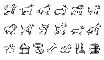 Minimal Dog Line Icon Collection with Canine Breeds and Pet Care Symbols © Rashel12