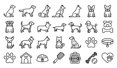 Collection of Dog Line Art Icons with Pet Breed and Accessory Outline Vector Set © Rashel12