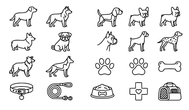Modern Outline Dog Icon Set with Line Art Pet Breed and Accessory Vector Collection