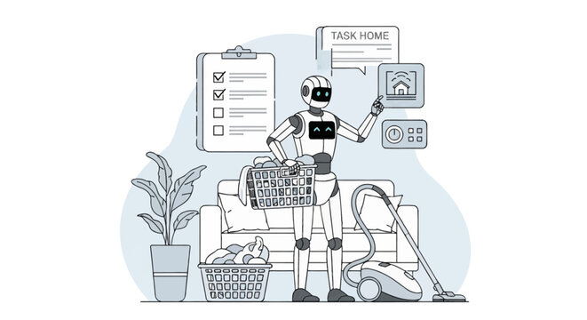 Line art illustration of a humanoid robot assistant performing household chores like laundry and vacuuming while managing a smart home automation system and task list on a clipboard.