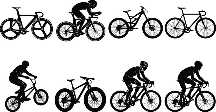 Collection of professional bicycle silhouettes featuring road racing bikes mountain bikes fatbike and bmx rider on white background