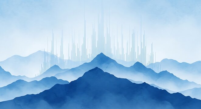 A watercolor painting depicts layered blue mountain ranges with a city-like silhouette at the peak