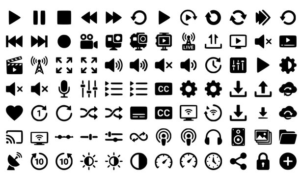 Minimal Media Control Silhouette Icon Set with Play Video Record and Fullscreen Symbols