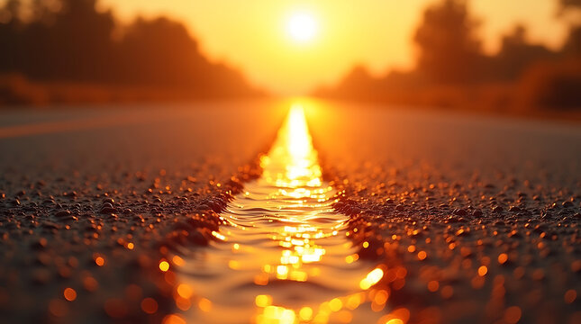 Golden light trail reflecting on a wet center line pavement during an epic sunset highway drive