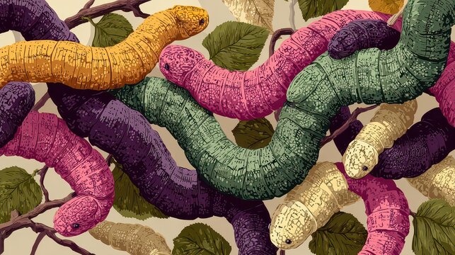Colorful Worms Entwined on Leaves in Vibrant Artistic Illustration