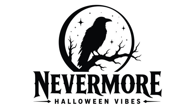 Nevermore halloween vibes raven silhouette on moon vector illustration