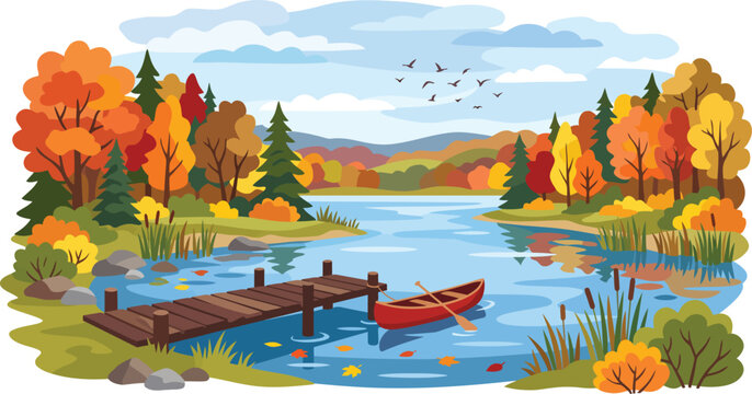 Vibrant autumn landscape vector illustration featuring a wooden dock and red canoe floating on a calm lake with colorful trees