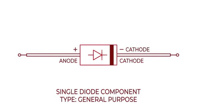 Single diode component labeled with anode and cathode details for electronic assembly.