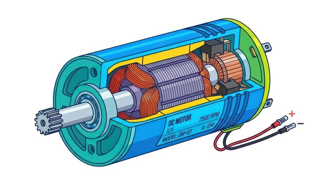 Detailed cross section view of electric dc motor with internal coils and rotating armature.