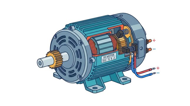 Cutaway illustration of dc motor showing internal armature windings and commutator brushes.