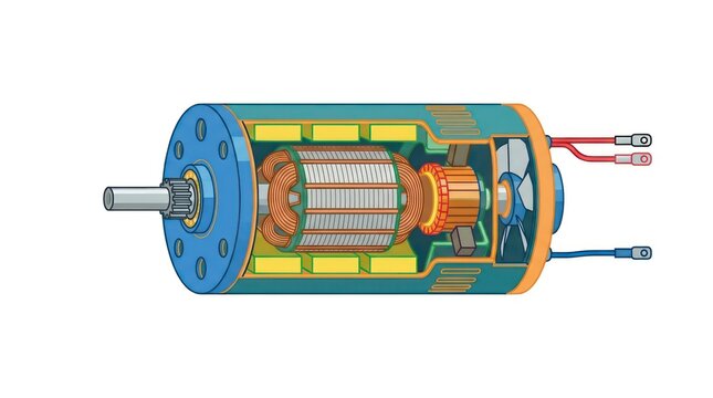 Detailed cutaway diagram of a DC motor revealing its intricate internal mechanisms.