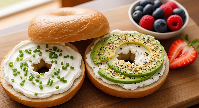 Bagels topped with cream cheese and fresh avocado slices sit on a rustic wooden cutting board.