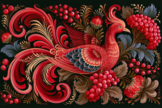 Traditional Ukrainian Petrykivka folk art illustration of a firebird and red berries