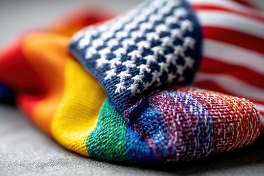Close-up of vibrant rainbow pride socks and American flag socks with detailed texture and patterns