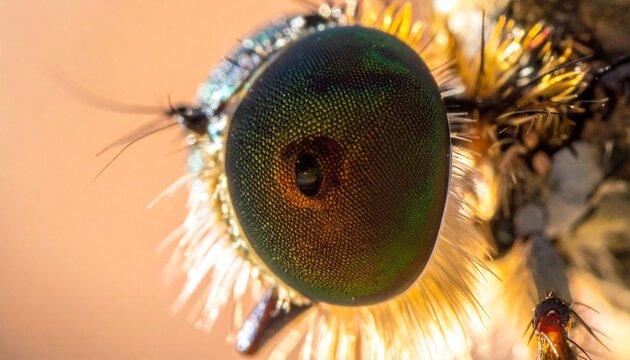Extreme Macro Shot of Insect Compound Eye Showing Detailed Texture and Hairs