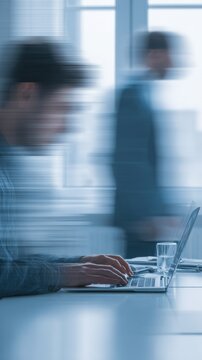 Blurred motion of businessman typing on laptop in modern office with colleague walking past, representing speed and productivity